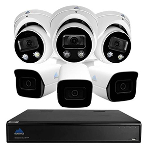 8 Channel 4K Security Camera System featuring 3 4K AI-SMD Active Deterrence Audio Turret Cameras and 3 4K AI-SMD Bullet Cameras with Built-in Mic