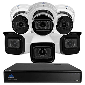 8 Channel Commercial Grade 4K Security Camera System featuring 3 4K Starlight Motorized Zoom Audio Turret Cameras and 3 4K Starlight Motorized Zoom SMD Bullet Cameras