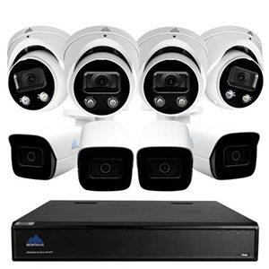 8 Channel 4K Security Camera System featuring 4 4K AI-SMD Active Deterrence Audio Turret Cameras and 4 4K AI-SMD Bullet Cameras with Built-in Mic