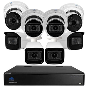 16 Channel Commercial Grade 4K Security Camera System featuring 4 4K Starlight Motorized Zoom Audio Turret Cameras and 4 4K Starlight Motorized Zoom SMD Bullet Cameras